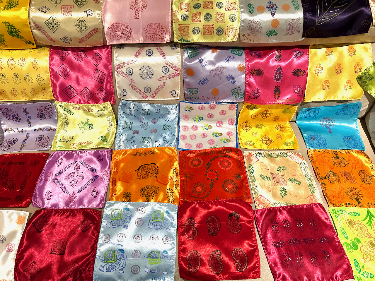 Colourful silk pocket squares/ scarfs/ kerchiefs with block printed patterns