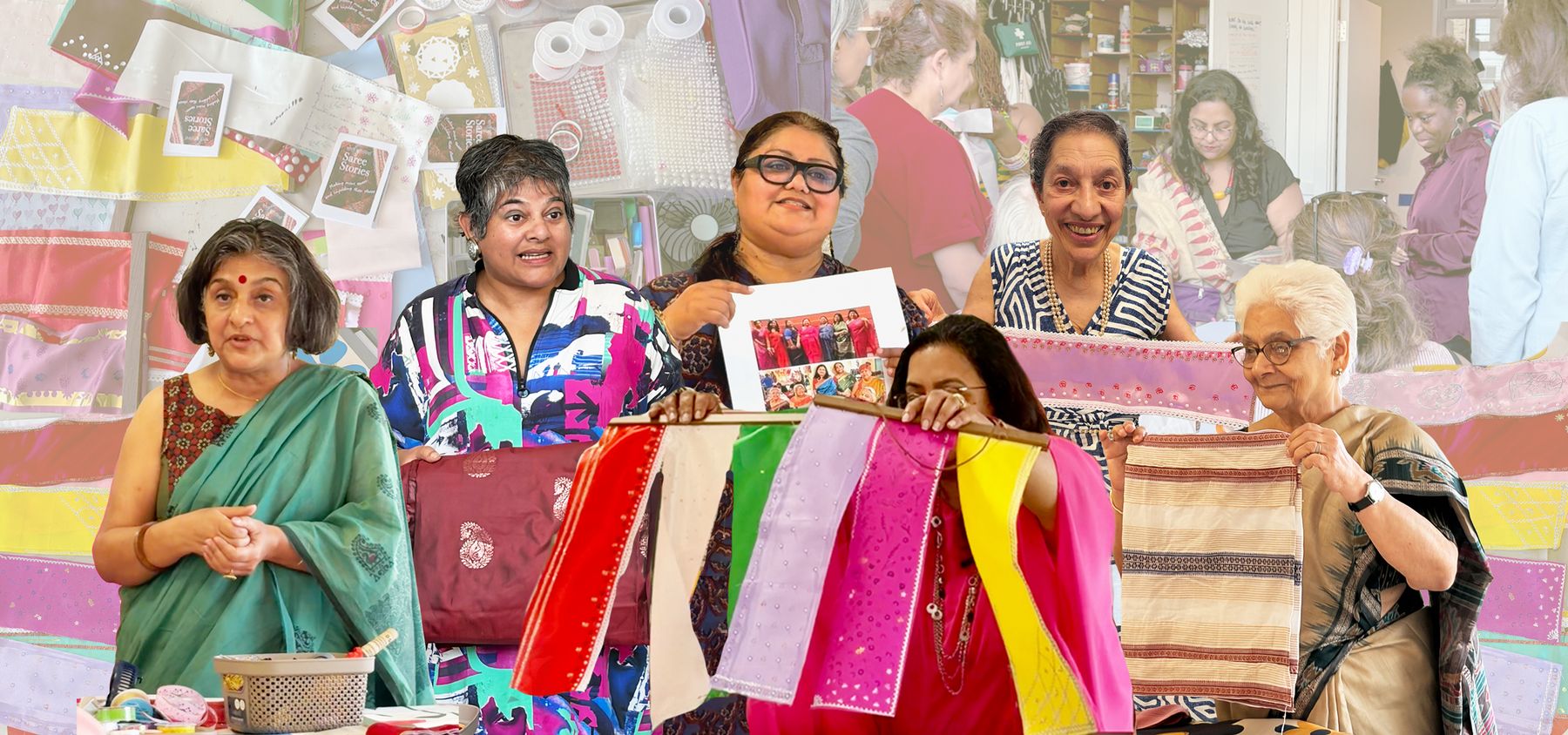 Workshop participants holding up the mini sarees they made at a Saree Stories workshop, South Asian Heritage Month 2026