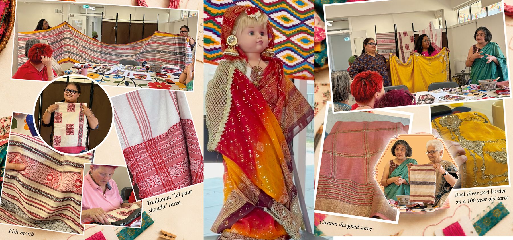 Collage of heirloom sarees shared by storytellers, including a century-old silk saree with a silver zari border and a saree-clad doll