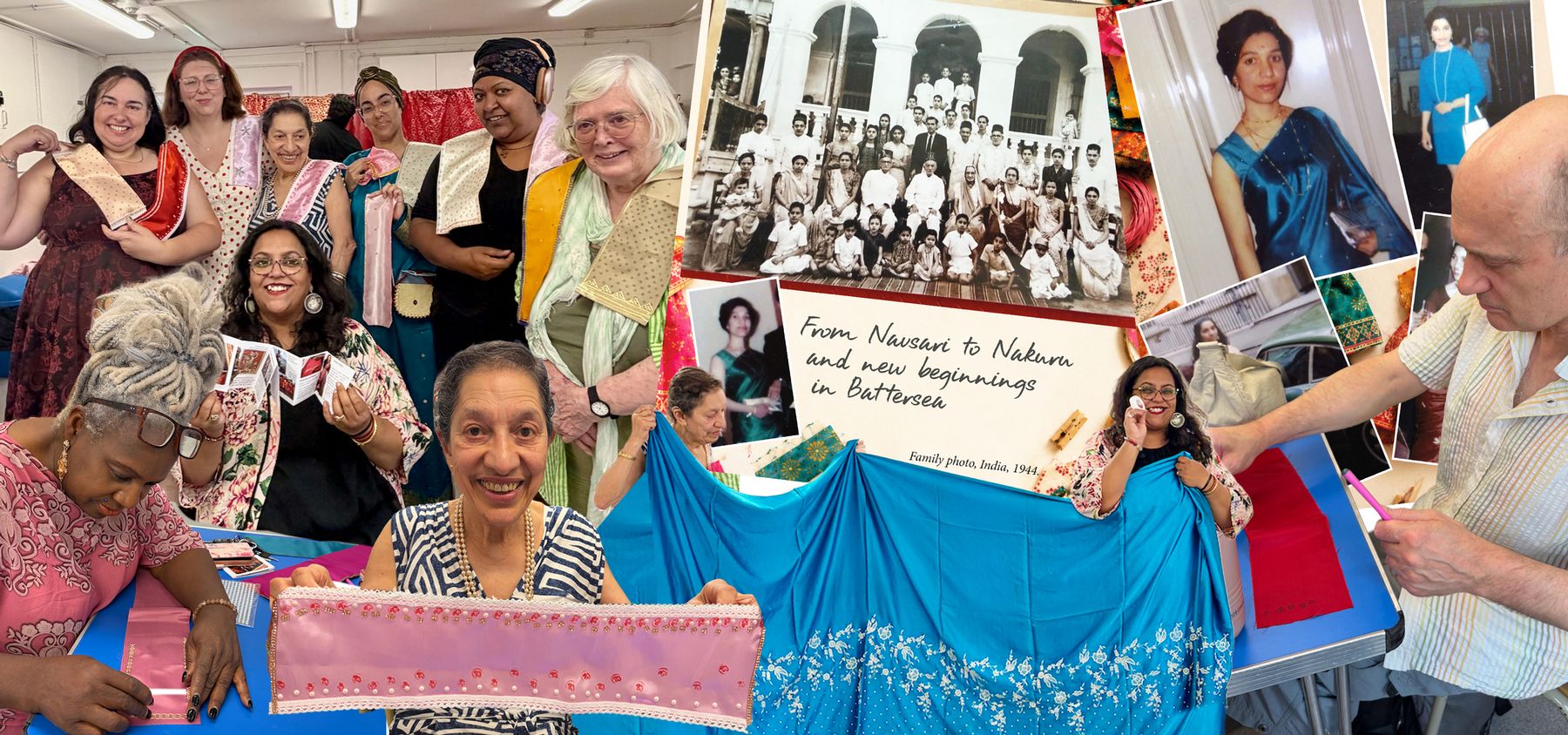 Storyteller Heroine and participants at Kambala Creative Health and Wellbeing Centre, with photographs of her journey from Navsari to Nakuru and Battersea